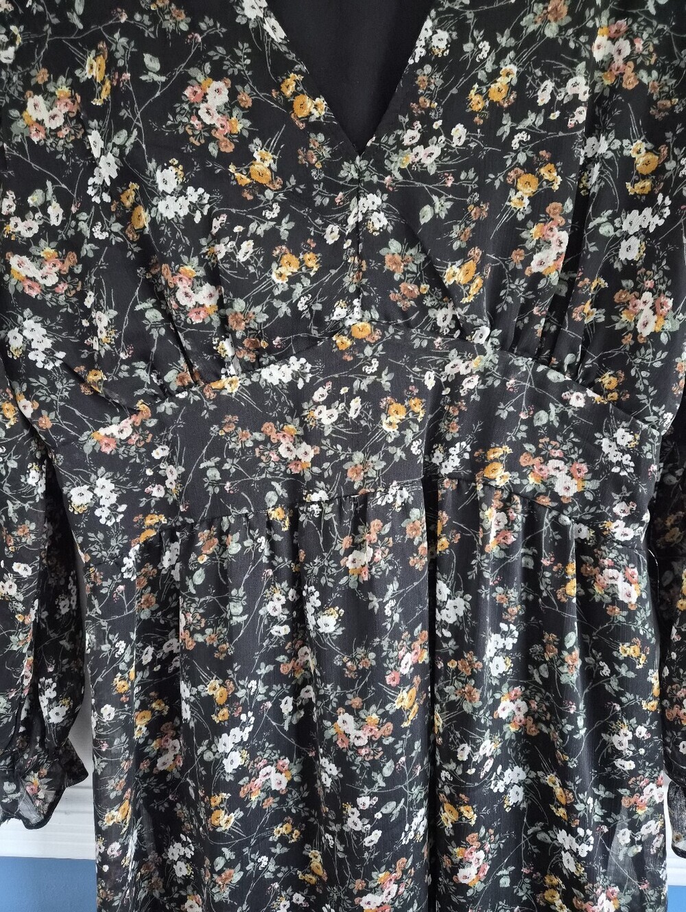 Dex Black Floral Chiffon Boho Long Sleeve Mini Dress, Medium, Cottagecore Vibes - Picture 9 of 14